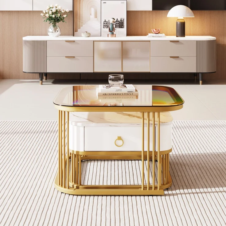 Merax Couchtisch Set Marmoroptik mit Schublade, Beistelltisch hochglanz, Satztisch mit Glasplatte,Wohnzimmertisch, Gold | Weiß – Bild 3