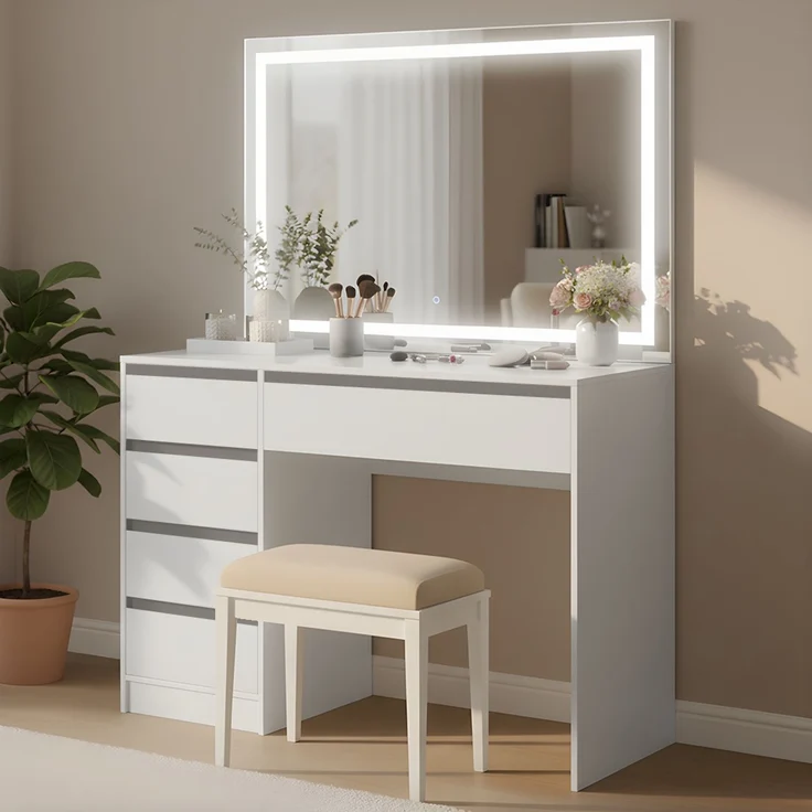 Bellamio 'Nore' Schminktisch mit Spiegel, mit 5 Schubladen, beidseitig montierbar, weiß, 75x53x110 cm, LED-Beleuchtung mit mit 3 einstellbaren Lichtfarben – Bild 1