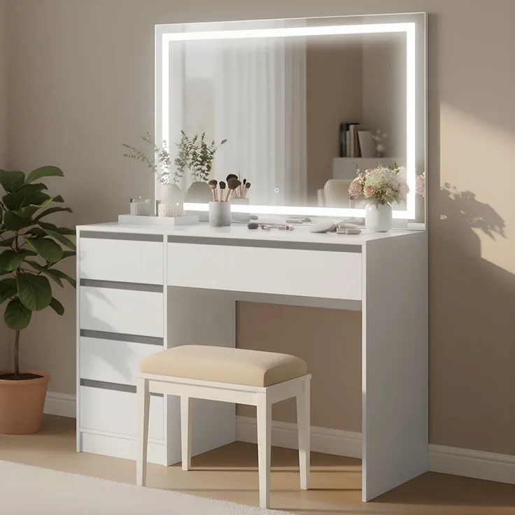 Bellamio 'Nore' Schminktisch mit Spiegel, mit 5 Schubladen, beidseitig montierbar, weiß, 75x53x110 cm, LED-Beleuchtung mit mit 3 einstellbaren Lichtfarben