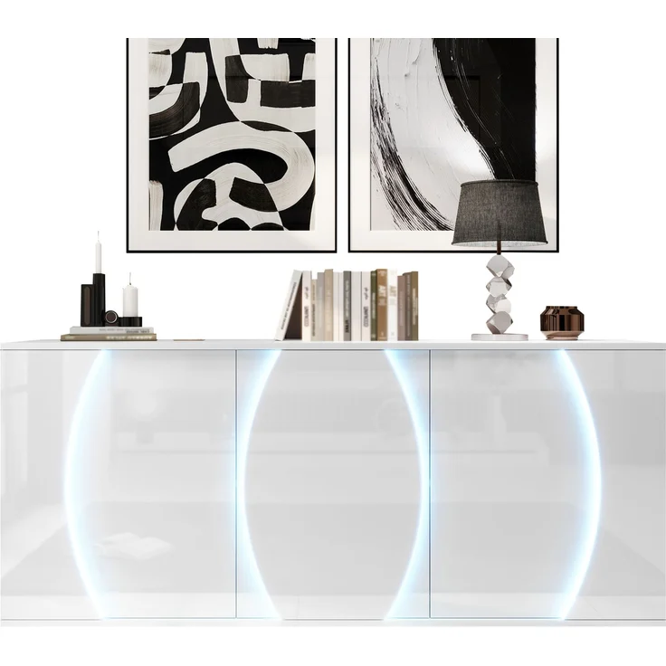 DESVIAE Sideboard mit 3 Türen und LED-Beleuchtung 150x70x40 cm Spanplatte Weiß – Bild 7