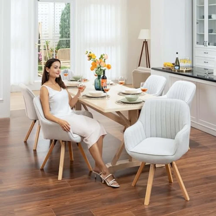 MEUBLE COSY Esszimmerstühle Drehbar 2er Set Küchenstuhl Polsterstuhl Drehstuhl mit Armlehne Sessel Schminkstuhl aus Stoff Massivholzbeine für Esszimmer Wohnzimmer Arbeitszimmer, Beige – Bild 3