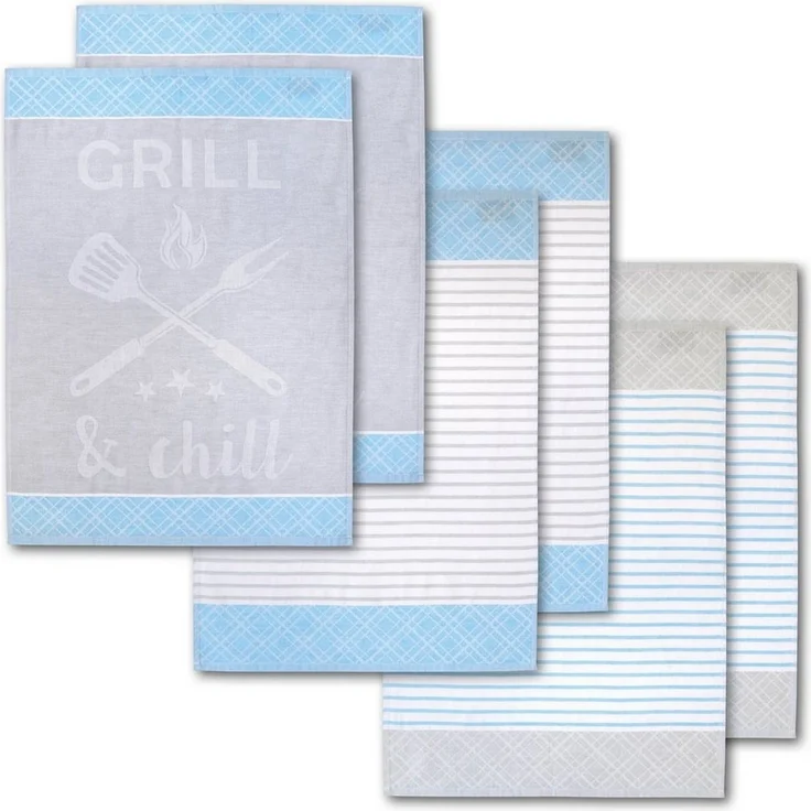 Dyckhoff Geschirrtuch Grill & Chill, mit 3 verschiedenen Motiven, Maße je Tuch ca. 50x70 cm, (Set, 6-tlg), aus 100% Baumwolle, mit Grillbesteck-Motiv und Schriftzug – Bild 1