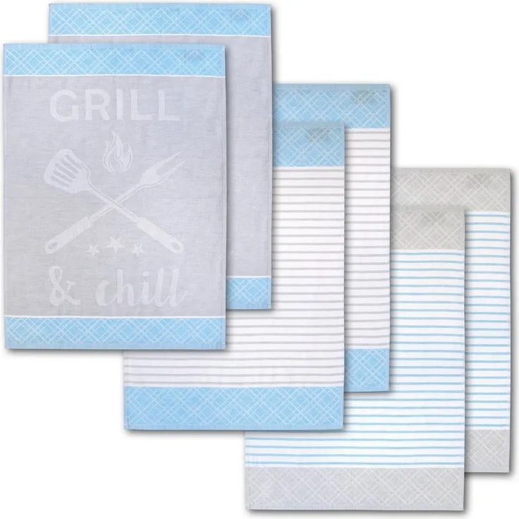 Dyckhoff Geschirrtuch Grill & Chill, mit 3 verschiedenen Motiven, Maße je Tuch ca. 50x70 cm, (Set, 6-tlg), aus 100% Baumwolle, mit Grillbesteck-Motiv und Schriftzug