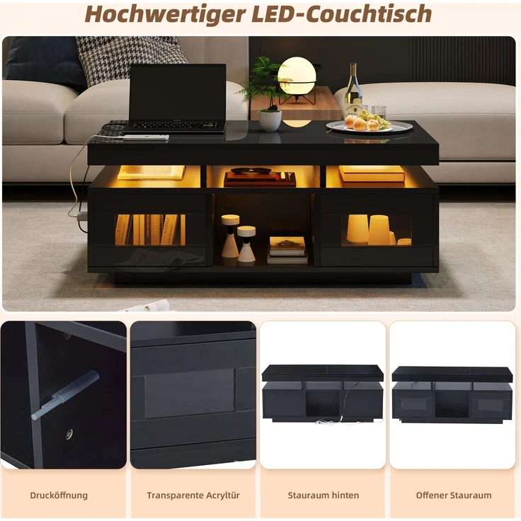 EINHOM 100 x 50 x 43 cm Schwarz Hochglanz-Couchtisch, mit Per Mobiler APP Steuerbaren LED-Leuchten, Wohnzimmertisch mit Schrank, Sofatisch mit Ladeanschluss und Steckdose, Geeignet für Büro, Arbeitszimmer – Bild 4