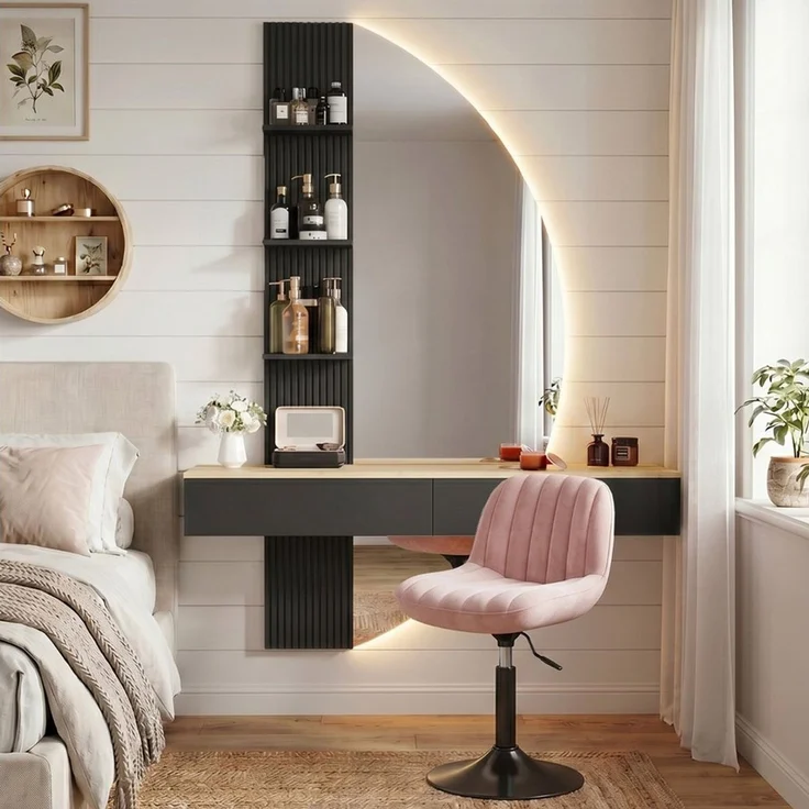 HOMALL Schminktisch Hängender Schminktisch mit LED-Beleuchtung (Maße: 106 × 40 × 143 cm, mit 3 offenen Ablagefächern, 2 Schubladen und drei einstellbaren Farbtemperaturen) – Bild 3