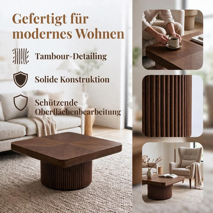 EINHOM 78 cm Holz-Couchtisch mit Rillen-Zylindersockel, Abgerundete Quadratische Dicke Platte, Landhaus-Mitteltisch, Einzeln oder als 2er-Kombination, Einfache Montage, Walnuss – Bild 6