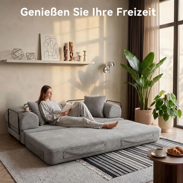 Aoxun Kordstoff Schlafsofa 200×97×70cm, 5-in-1 Umwandelbares Bodensofa, Hochdichter Schaumstoff, Haustierfreundlich, Keine Montage, Grau – Bild 5