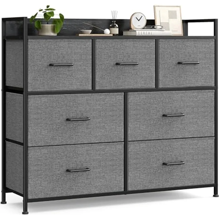 Songmics Kommode, Schrank, 7 Stoffschubladen mit Griffen, Metallgestell, Industrie-Design, schiefergrau-anthrazitgrau LTS523G22 – Bild 2