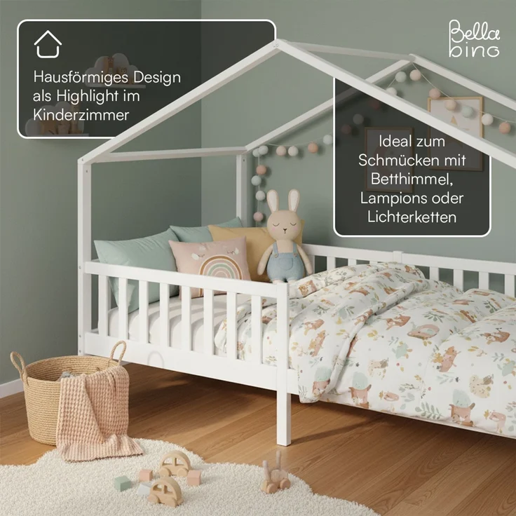Bellabino 'Bia' Hausbett 80x160 cm, weiß, Kiefer Massivholz, Montessori Kinderbett mit Rausfallschutz und Lattenrost – Bild 6