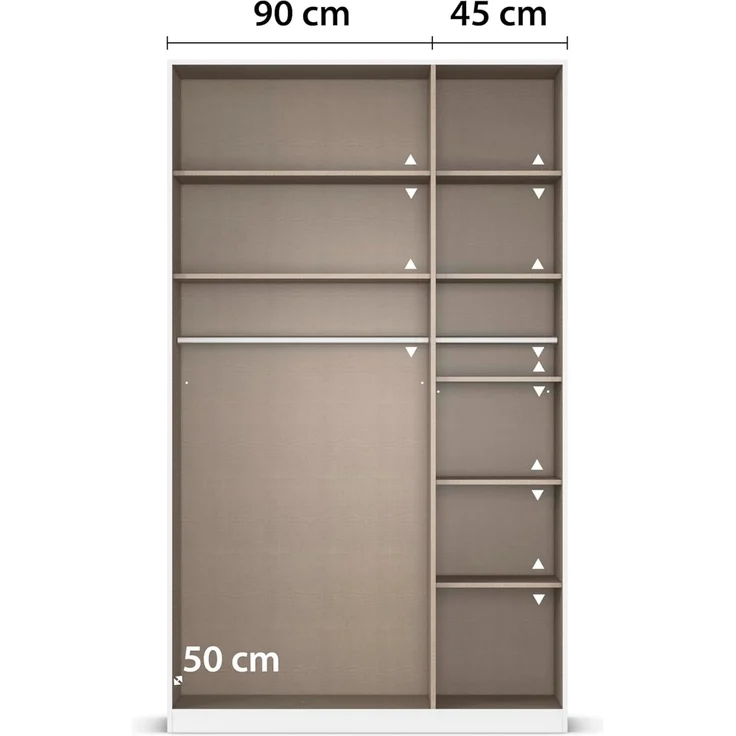 Rauch Möbel Alabama, Kleiderschrank, Garderobenschrank, 3-türig, Spiegel, Zubehör Classic, 2 Kleiderstangen, 7 Einlegeböden, Farbe Hochglanz Weiß/Weiß, Griff Grau metallic, 136 x 229 x 54 cm – Bild 7