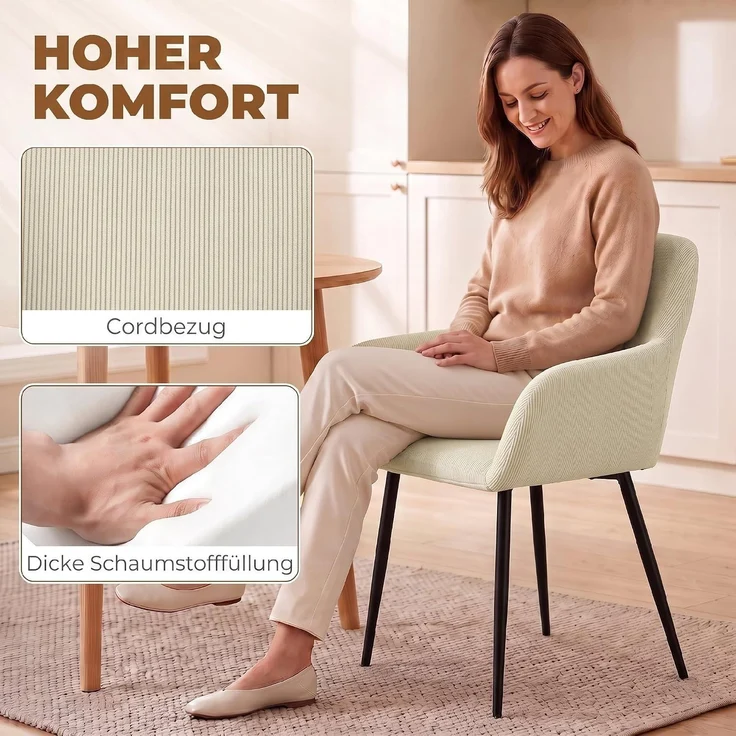 HOMCOM Esszimmerstuhl, Cord (100 % Polyester), Cremeweiß, 58 x 59,5 x 81,5 cm – Bild 5