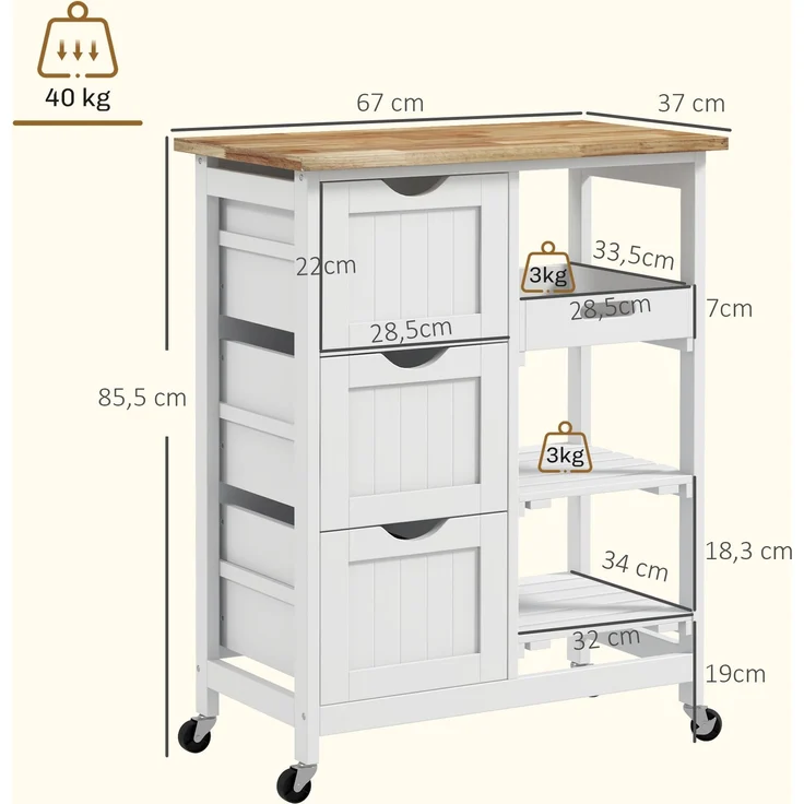 Wohnora-Küchenwagen mit Rollen, Arbeitsplatte aus Holz, 3 Schubladen + 1 herausnehmbares Tablett, 67 x 37 x 85,5 cm, weiß,H 855cm x T 670cm x B 370cm – Bild 4