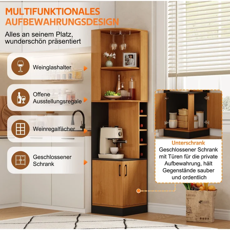 Eck-Weinschrank aus MDF mit Weinglasregal und 4 Weinfächern, 40x40x182 cm, Natur – Bild 9