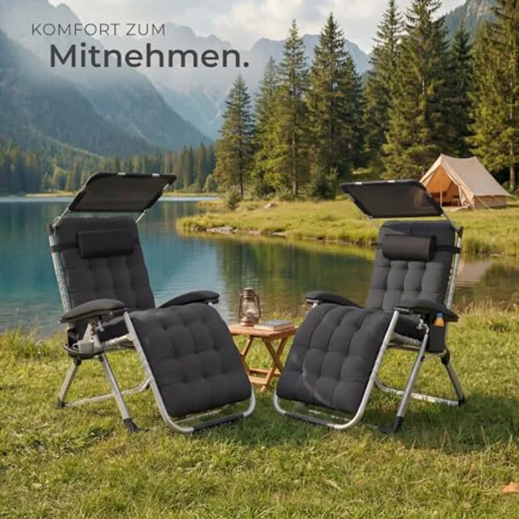 tectake® Sonnenliege klappbar, Liegestuhl, Gartenliege mit Sonnendach, Outdoor Sessel für Balkon oder Garten, Liege mit extra Dicker Auflage, Relaxliege belastbar bis 200kg - schwarz, 2er Set – Bild 9