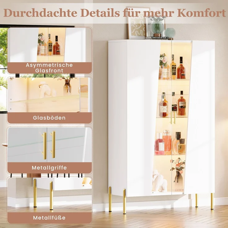 LED-Beleuchteter Glasschrank 72 x 40 x 145 cm, mit asymmetrischer gehärteter Glastür, 3 Glasböden, Metallgriff und Metallfüßen, als Vitrine, Esszimmerschrank, Bücherregal--Weiß--72x40x145cm--YOUDENOVA – Bild 3