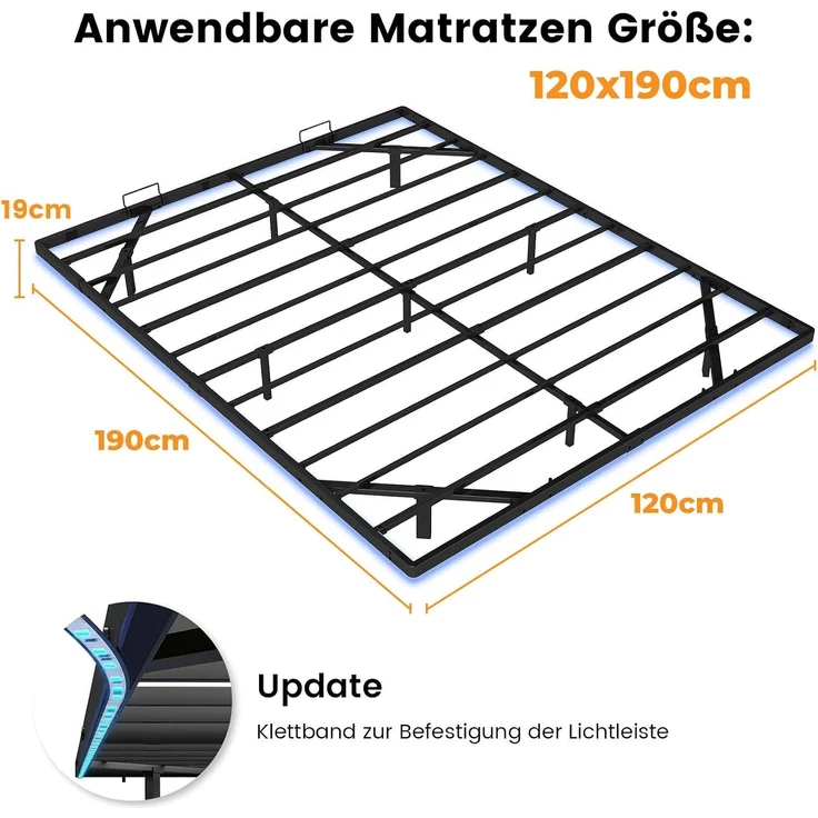 COMHOMA Bettrahmen Metallbett Gästebett Bettgestell aus Metall, mit LED & Steckdosen, Jugendbett 120x190, App & Fernbedienung, stabile Konstruktion mit Lattenrost, 180 kg – Bild 2
