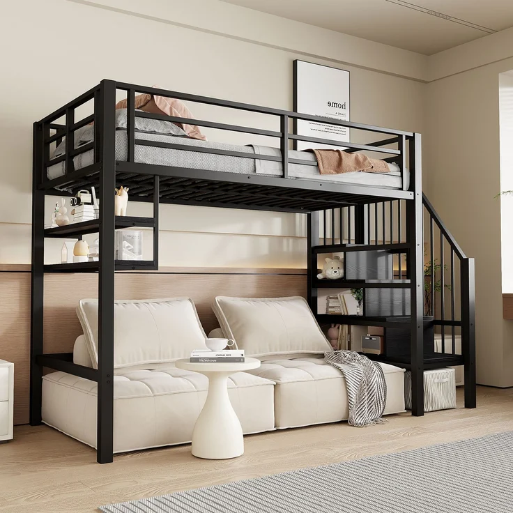 Bett 90x200 cm Hochbett mit Stauraumleiter und Einlegeböden – platzsparendes Kinderhochbett in Schwarz – Bild 3
