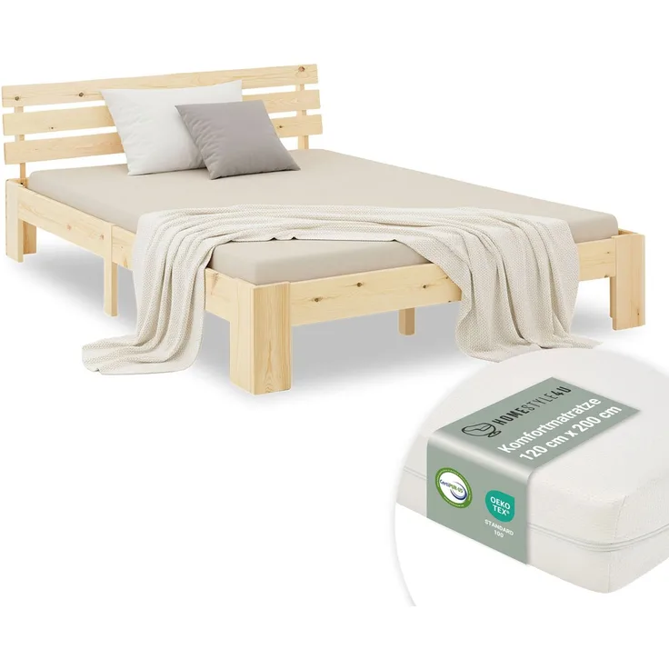 Homestyle4u Futonbett, massives Kiefernholz, Natur, 120x200 cm, mit Matratze