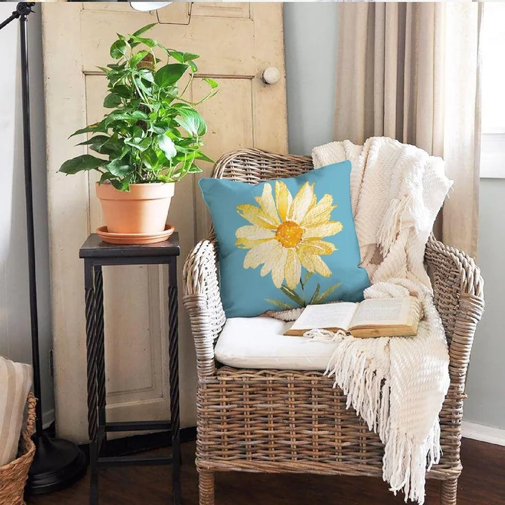 Sommer Kissenbezüge 45×45 cm 4er-Set Blaue Gänseblümchen, “Hello Sunshine”, Outdoor Couch Kissen – Bild 4