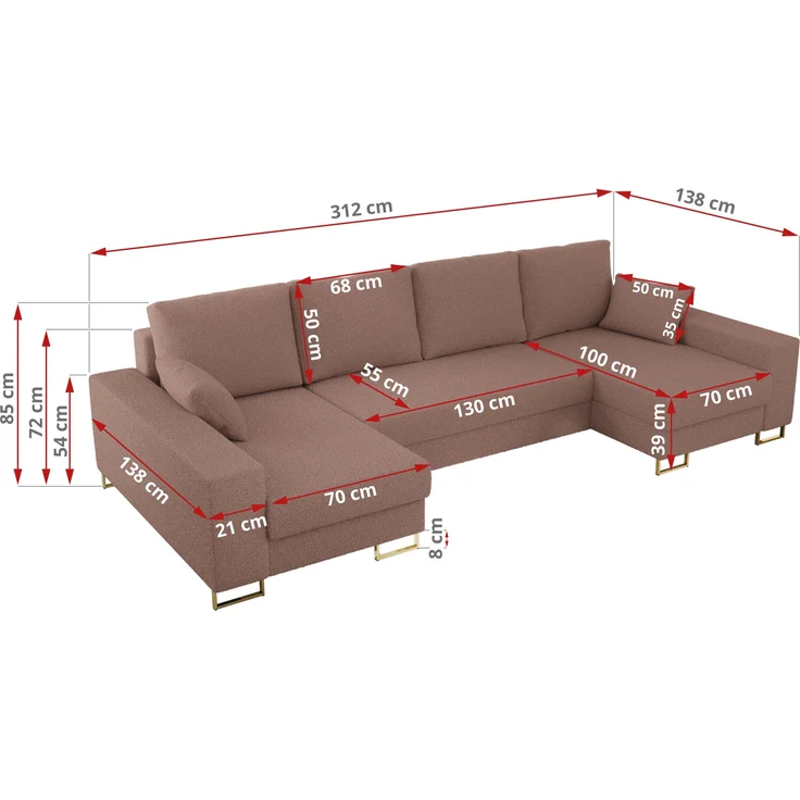 U-förmiges Ecksofa auf goldenen Metallbeinen, mit Schlaffunktion und drei Bettkästen für das Wohnzimmer - DORIAN U - Rosa Boucle – Bild 7