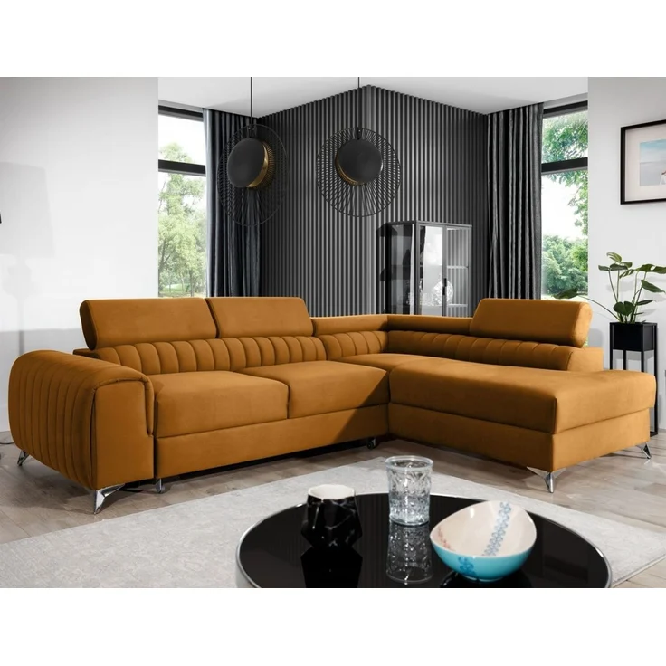 Ecksofa mit Schlaffunktion Sofa ELENI Stoff Monolith Honiggelb Ottomane Rechts – Bild 1