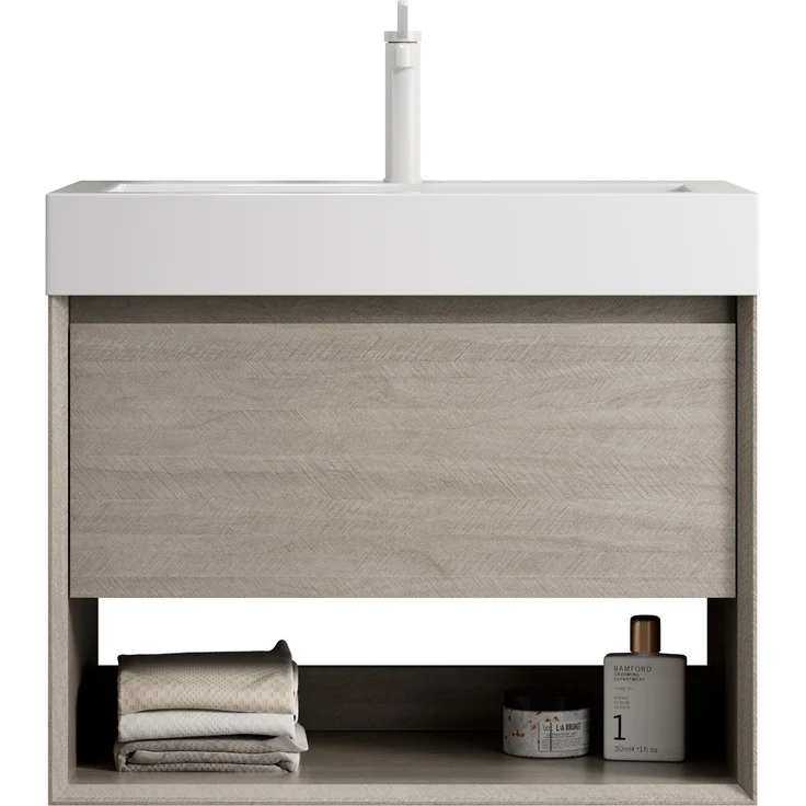 Badmöbel-Set, H 60 x T 70 x B 46 cm, mit Resin-Waschbecken und Schrank in heller Eichenoptik – Bild 7