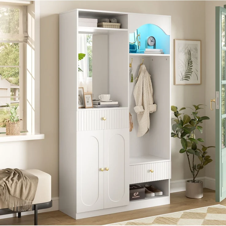 Kompaktgarderobe 100x35x180 cm mit Spiegel, Sitzbank, LED und verstellbaren Einlegeböden – Bild 3