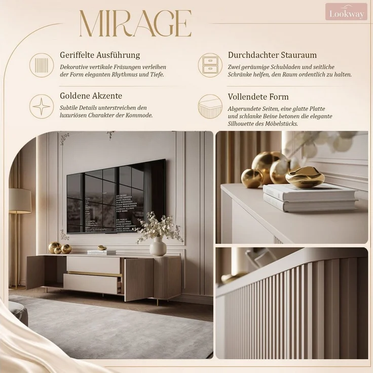 Lookway TV-Schrank MIRAGE GOLD 180 cm mit geriffelten Fronten – Bild 4