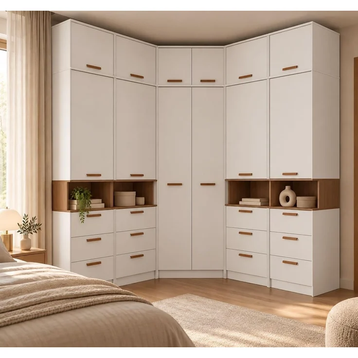 Marmex Möbel Grant Set-33B Schlafzimmer-Set, Eck-Schrankset mit Aufsatz, Garderoben-Set, laminierte Spanplatte, weiß + riviera Eiche, 195/195x235x40 cm – Bild 1