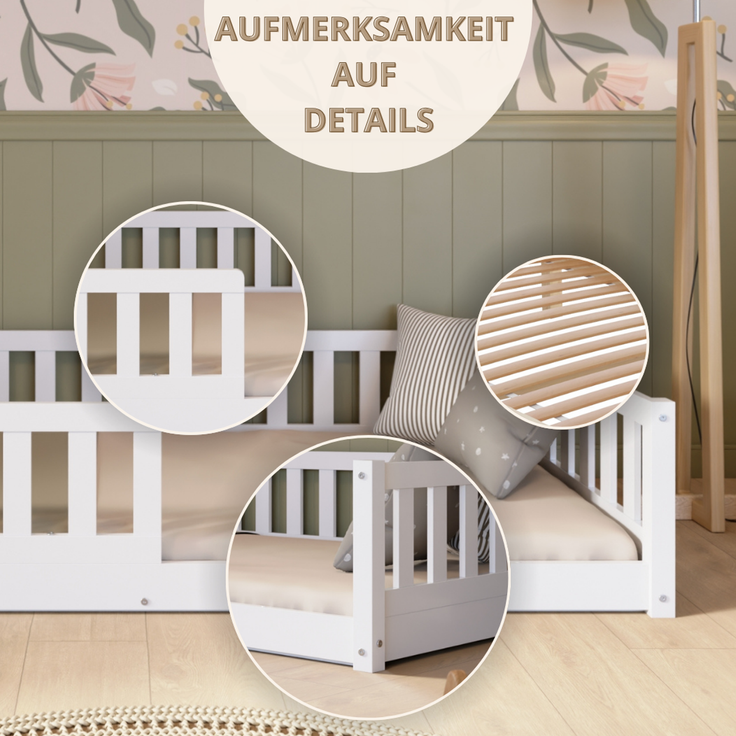 Crazy Pine 'Crazy Basic' Kinderbett mit Rausfallschutz, Skandinavisches Design, Holz, Weiß, 80x160 cm, ohne Beine – Bild 9
