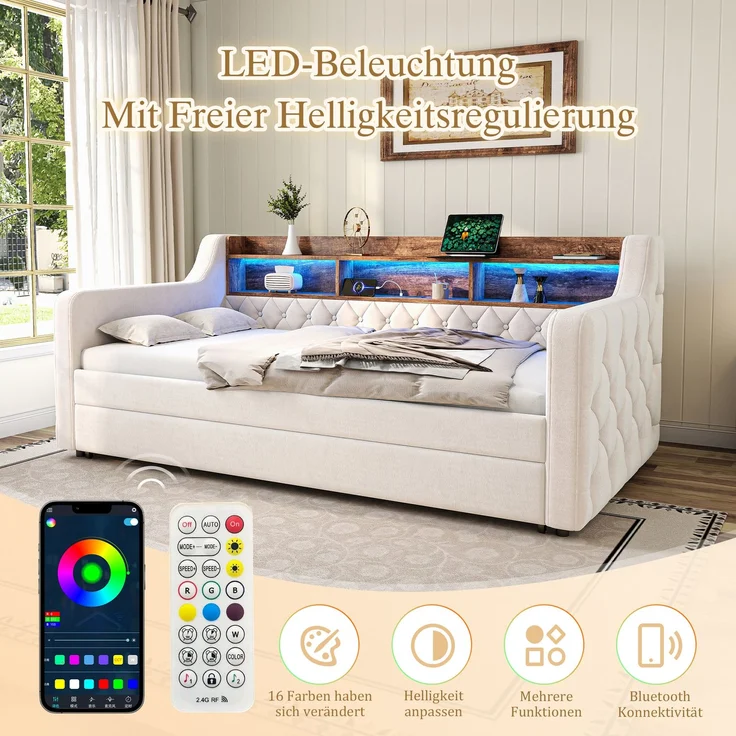 EINHOM Platzsparendes Sofa-Bett 90 x 190 cm aus Samt mit Stauraum, LED-Ambiente & USB-C-Anschluss, 12 Lattenroste & Stabiler Metall-Holz-Rahmen, für Schlafzimmer, Gästezimmer oder Jugendzim. Beige (Ohne Matratze) – Bild 6