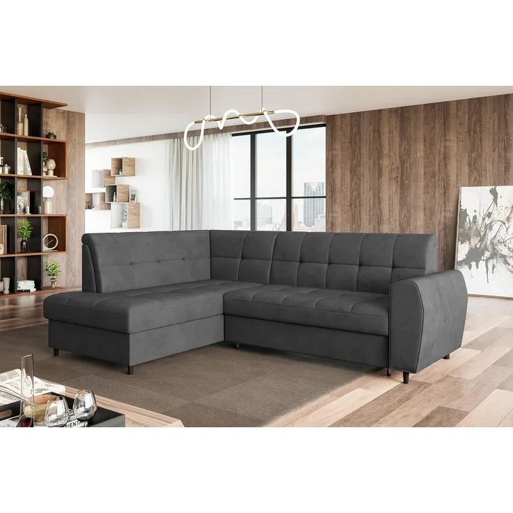 MEBLINI Schlafcouch mit Bettkasten - ASPEN - 236x171x85cm Links - Dunkelgrau Samt - Kleines Ecksofa mit Schlaffunktion - Sofa mit Relaxfunktion - Kleine Couch L-Form - Eckcouch