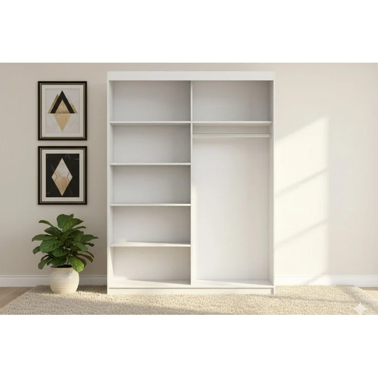 Deine Möbel 24 Schwebetürenschrank VELMA 05 Kleiderschrank 150 cm breit mit Spiegel (Set, 1-St, Weiß Matt Kaschmir Grau Eiche Sonoma) 2 Schiebetüren, 5 Einlegeböden und Kleiderstange – Bild 2