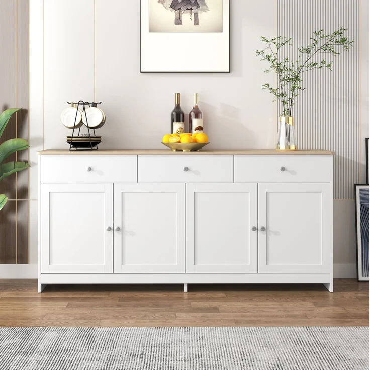 DESVIAE Sideboard mit 3 Schubladen und 4 Türen 160x75x37 cm MDF Weiß/Holzfarbe – Bild 2