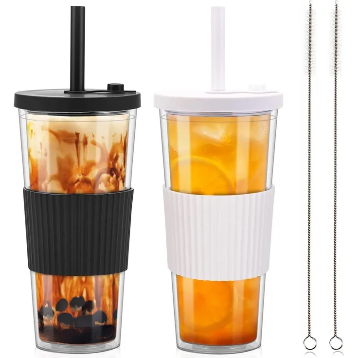 ZgoEC 24oz Bubble Tea Becher Doppelwandig Isoliert mit Strohhalm und Deckel