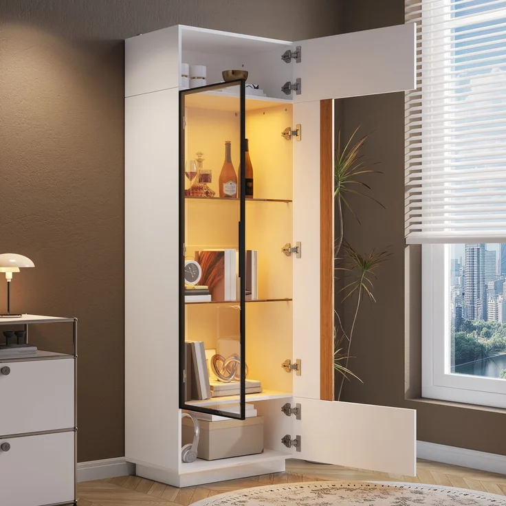 Vitrinenschrank 60x40x180 cm in Weiß, mit Glastür, App-LED und Hochglanzfronten – Bild 2