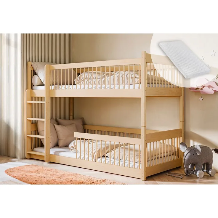 Kids Collective Kinderbett Hochbett Etagenbett 80x180, 90x190, 90x200 cm, umbaubar zu 2 Betten​ (mit abgerundeten Kanten), 80x180 cm von 3. bis 12. Lebensjahr, Natur mit 2 Matratze​n