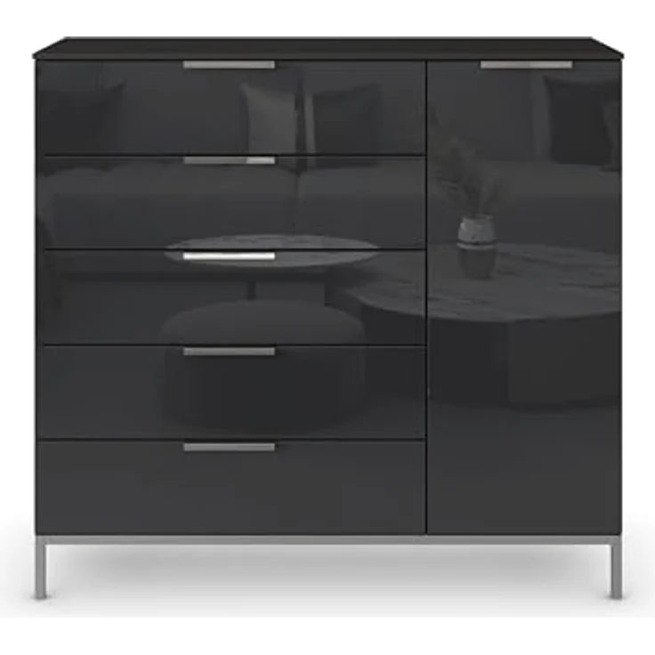 Rauch Möbel Flipp, Nachttisch für Schlafzimmer, Flur, Garderobe, 1-türig, 5 Schubladen, mit Softclose-Funktion, Farbe Front Glas Schwarz, Breite 120 cm – Bild 6