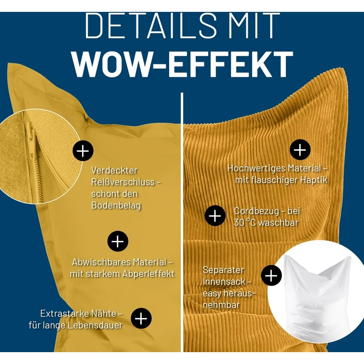 Lumaland Sitzsack Classic XXL All-in-One Set | Riesen Sitzsack XXL mit Cord & Outdoor Bezug für drinnen & draußen | Sofa Sessel mit im Innensack sicher verpackter EPS-Füllung – Hüllen Easy wechselbar – Bild 7