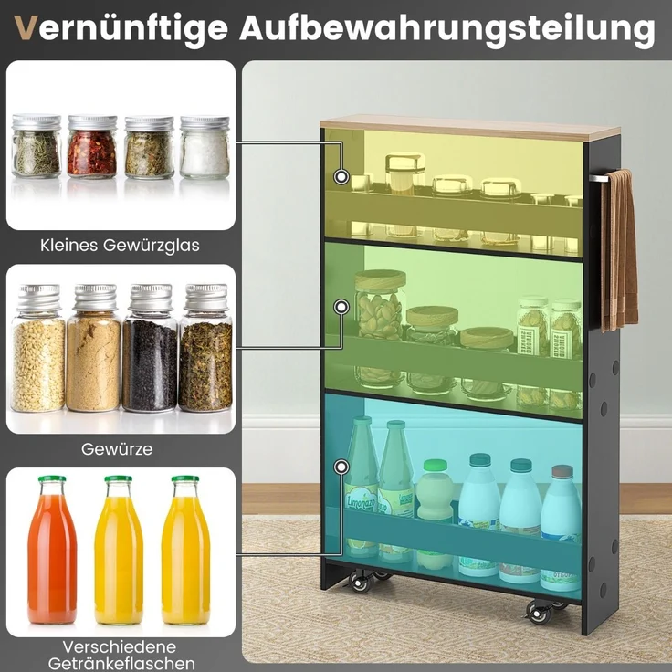 4 Ebenen Nischenregal auf Rollen aus Holz mit Griff Küchenwagen 48 x 13 x 81 cm Schwarz + Natur – Bild 2