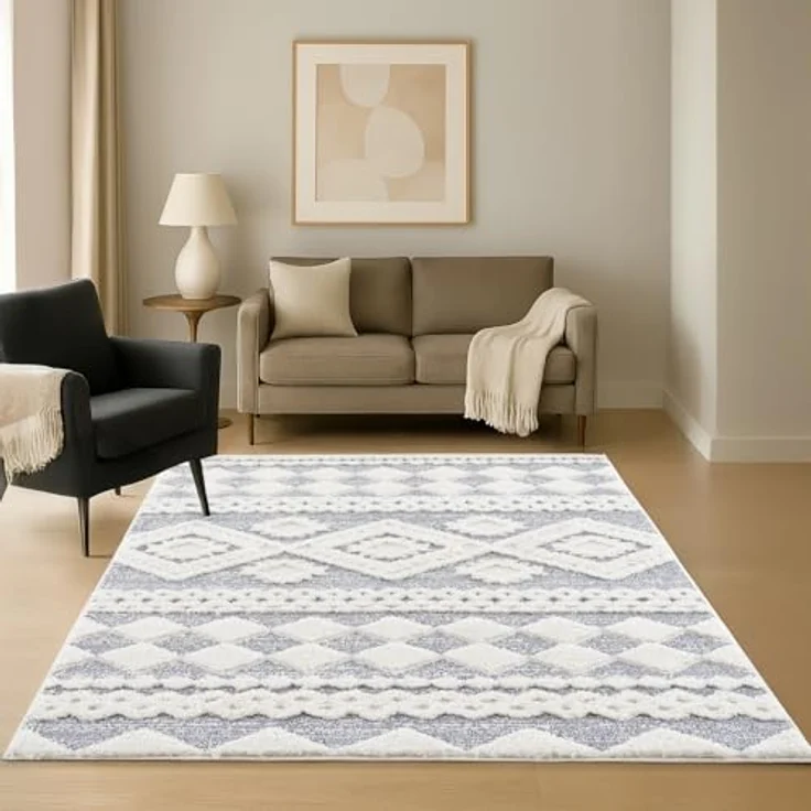 Teppich Wohnzimmer Hochflor - Boho - Pastell Cream Grau - 120x170cm - Einfarbig - Modern Raute Meliert Muster - Skandinavisch Flauschig Weich - Wohnteppich Schlafzimmer Dekoration – Bild 7