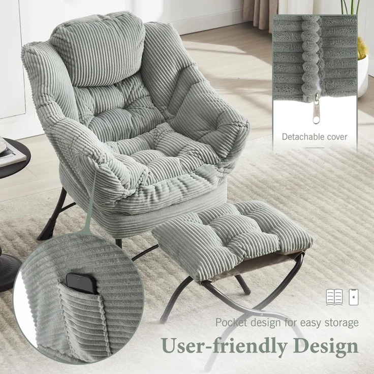LVHOM Relaxsessel mit Hocker, Loungesessel mit Seitentasche, Lesesessel aus Cordstoff, bequem gepolstert, Metallgestell, bis 180kg belastbar, Hellgrün – Bild 4