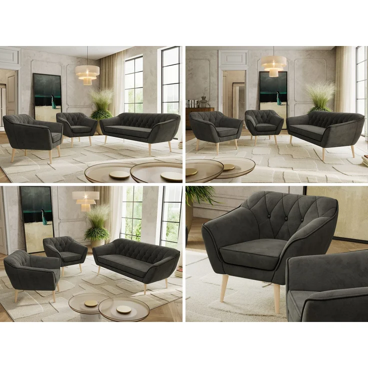 Wohnzimmerset PIRS 1-1-3, Skandinavisches 3-Sitzer Sofa mit Sesseln, Sofa mit Wellenfederung, Buche Füße, Skandinavisches Möbelset - Dunkelgrau Velvet – Bild 2