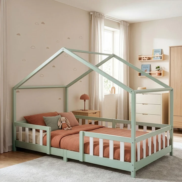 Kinderbett Treviolo 120x200 cm mit Kaltschaummatratze und Gitter Mintgrün / Weiß [en. casa] – Bild 1