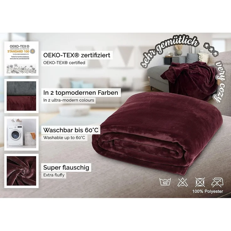 ZOLLNER Kuscheldecke super flauschig, 150x200 cm, dunkelrot (bordeaux), 100% Polyester – Bild 3