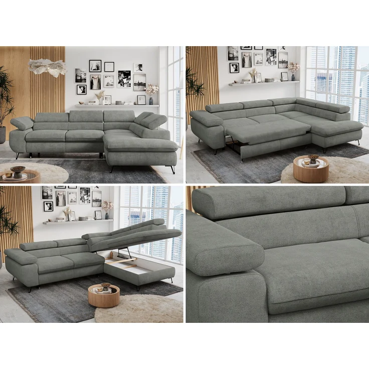Mks Möbel 'Peter L-form' Ecksofa mit Bettfunktion, Bettkasten & einstellbaren Kopfstützen, Grau, Stoff, mit Topper, rechts – Bild 2