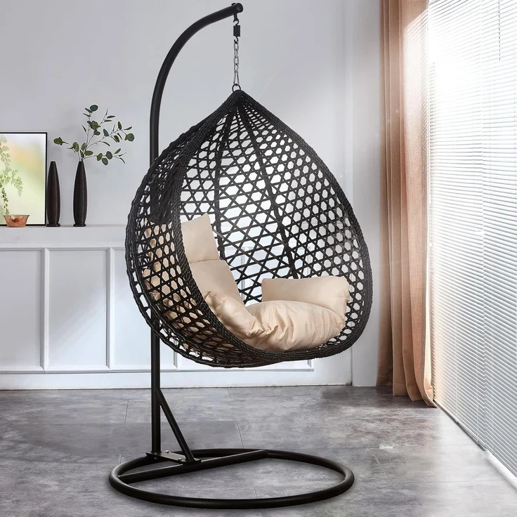 Luxus Hängesessel Style XXL Rattan Korb Gestell Schwarz mit Relaxkissen Beige – Bild 9