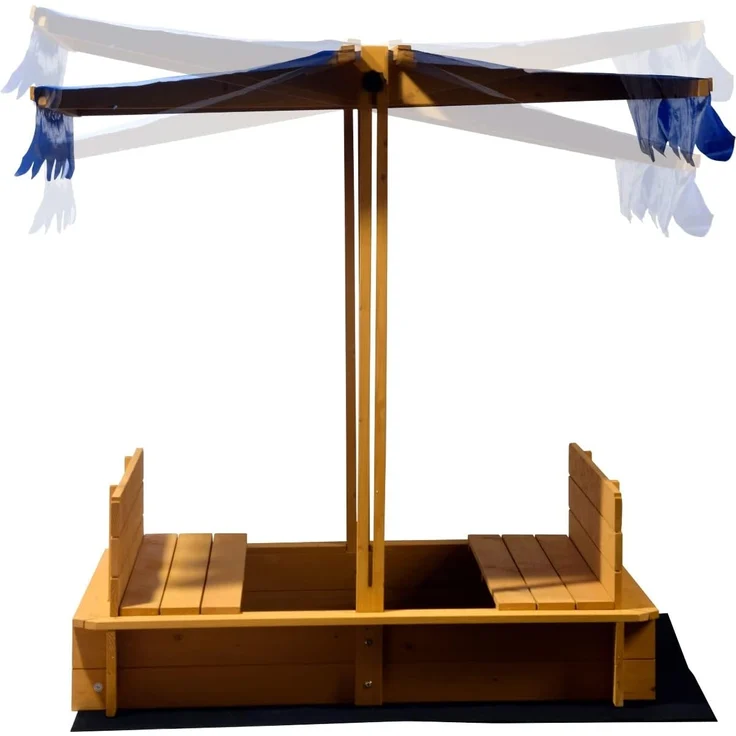 Sandkasten mit schwenkbarem Dach, Sitzbänke, Bodenplane, verschließbare Sandkiste aus Holz für Kinder, 120 x 120 x 120 cm, hellbraun – Bild 4