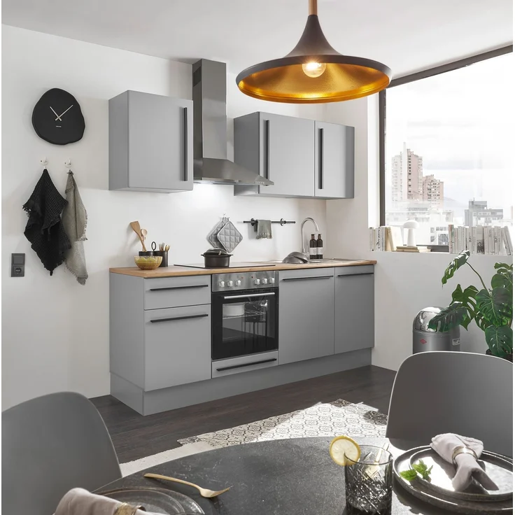 Küchenzeile >Denver< Grau / Grau matt mit Lancelot Eiche Dekor - 220x211x60cm (BxHxT) – Bild 1