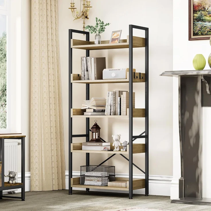 YITAHOME Bücherregal 5 Etagen, Bodenstehendes Bücherregal, Holzregal und stabiles Stahlrahmenregal mit 4 Haken Industrielles Lagerregal für Wohnzimmer, Heimbüro, Eiche Farbe – Bild 1